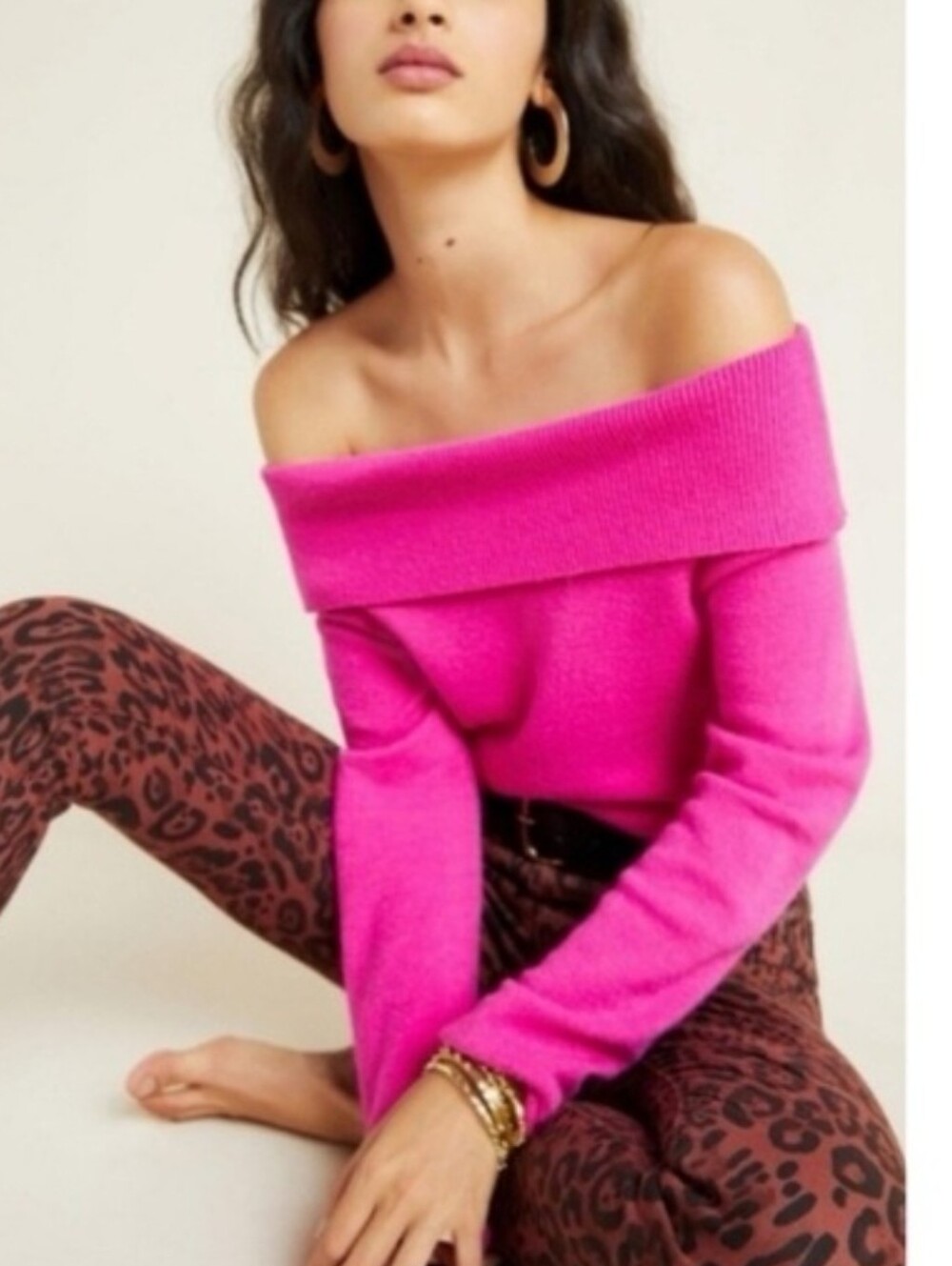 Anthro Shelby Off The Shoulder Ribbed Sweater Hot Pink Size Large